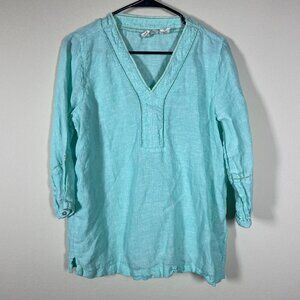 Joie Women's M Teal Blue 100% Linen 3/4 Sleeve Pullover V-Neck Lightweight!